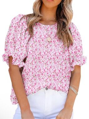 NWT zeagoo Pink Floral Puff Sleeve Blouse SIZE L